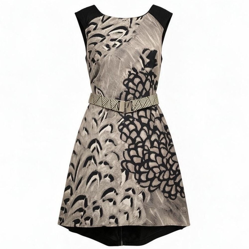 Jessica Simpson Women Size 12 Grey Abstract Feather High Low Belted Dress NWT